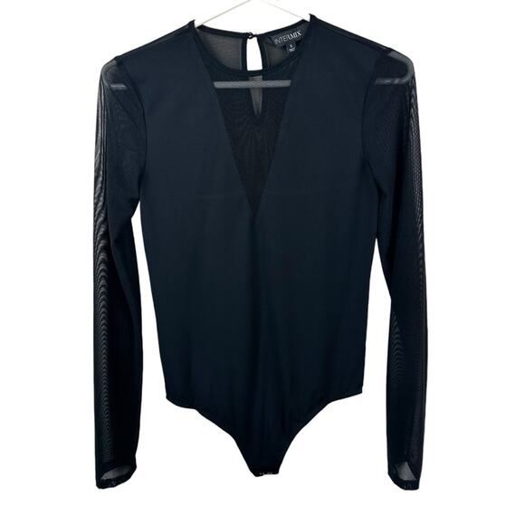 Intermix Bodysuit Womens Small Black V-Neck Sheer Mesh Long Sleeves - Picture 1 of 13